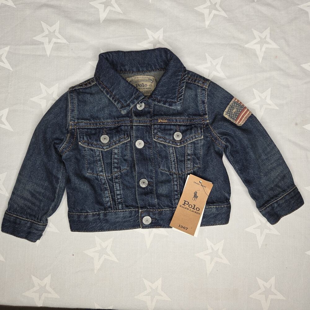 NWT Polo Ralph Lauren Baby Denim Jacket 9M Inwood Trucker Jean Flag Patch - Picture 2 of 13